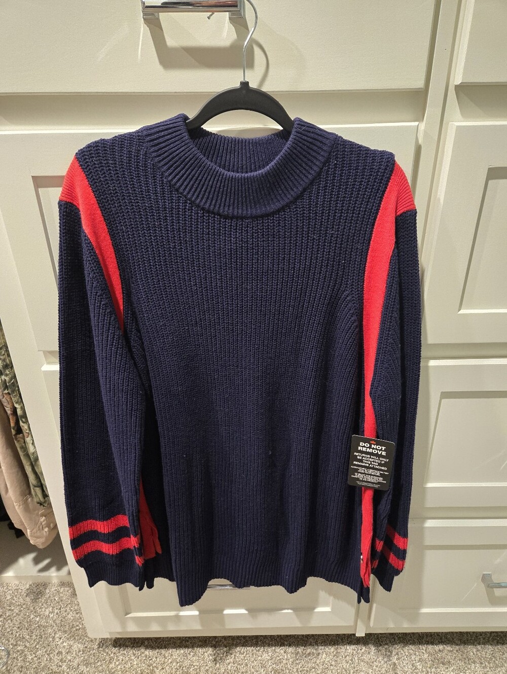 Women's Navy Crewneck Sweater with Red Shoulder and Sleeve Stripeswom